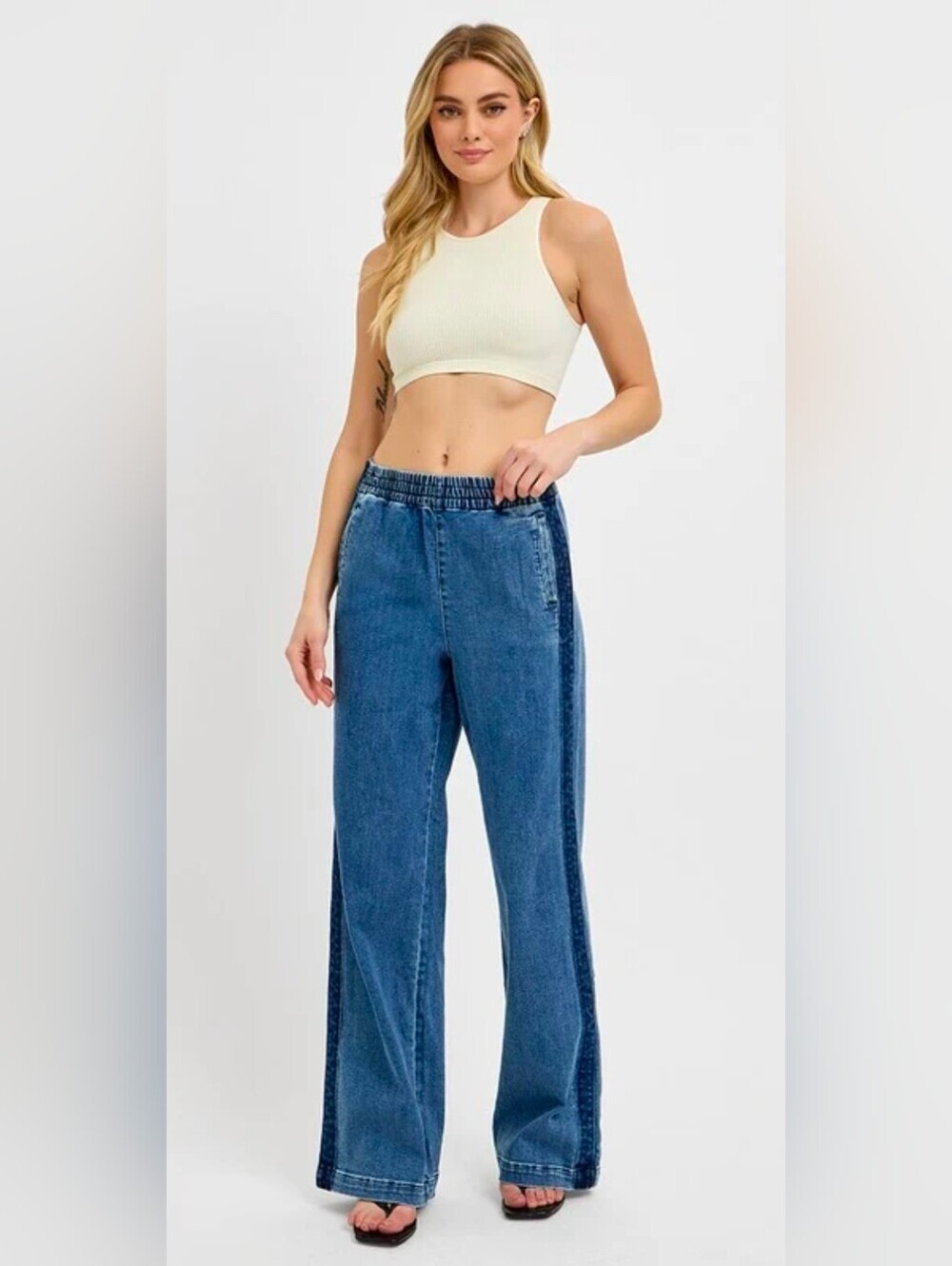 RISEN Hazel Blues Elastic Waist Wide Leg Split Hem Jeans with Pockets Boho